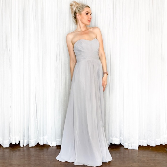 Grey Silver Strapless Long Bridesmaid Dress - Picture 3 of 8